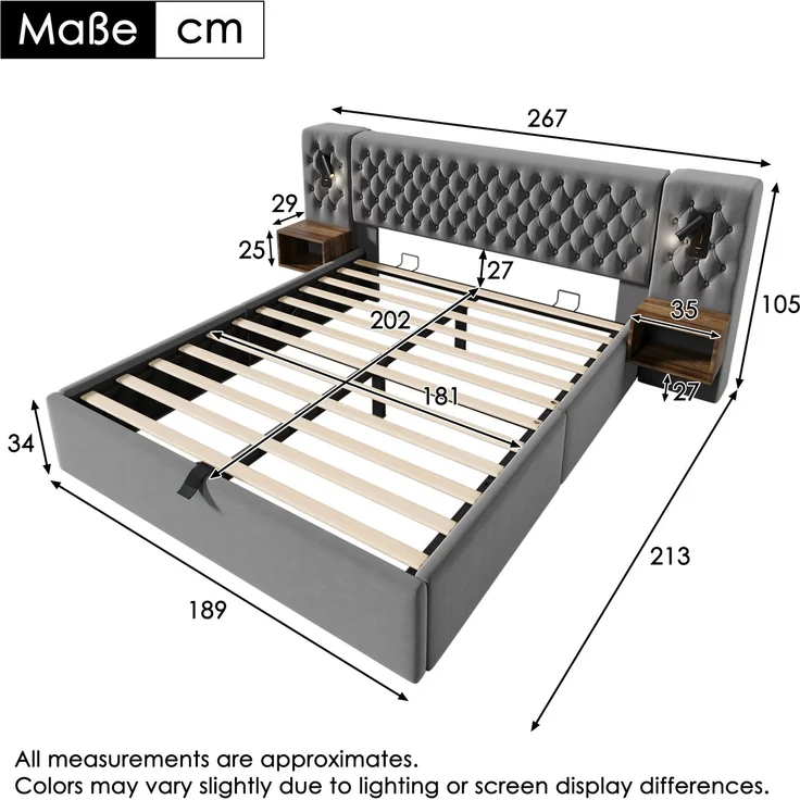 Bettanlage Schlafzimmer Komplett Set,Polsterbett Hydraulisch Stauraumbett Doppelbett 180×200 cm mit 2 Nachttischen, Kopfteil Leselicht mit USB Ladefunktion, Grau, Samt(Ohne Matratze) – Bild 2
