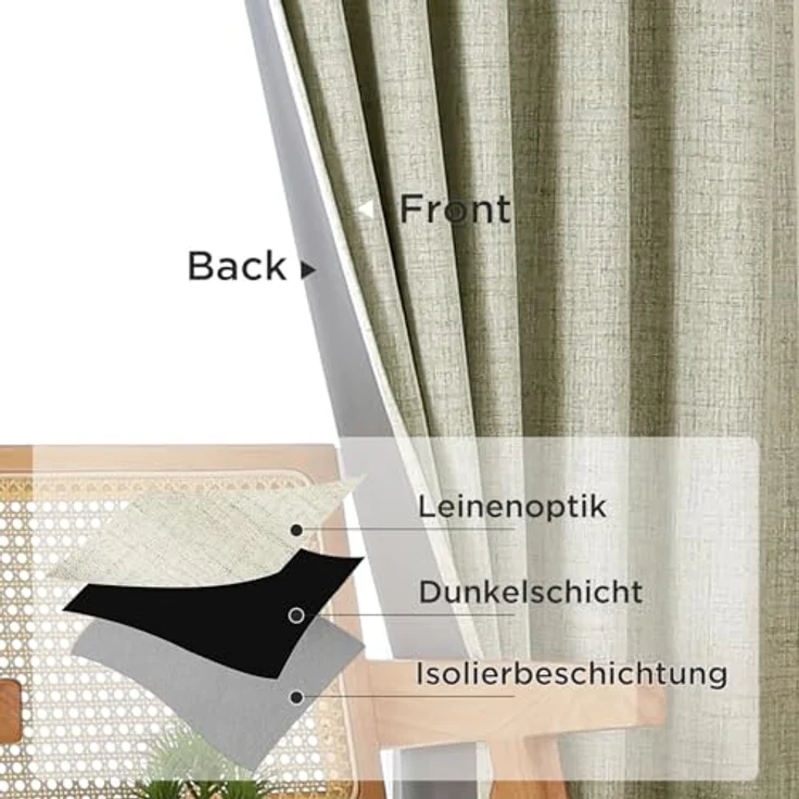 Joydeco 100% Verdunkelungsvorhänge Leinen Gardinen mit Kräuselband 2er Set H183xB117cm Hellbeige, Thermovorhang Kälteschutz Blickdicht Schallschutz Ideal für Wohnzimmer passt zu Schienensystemen – Bild 5