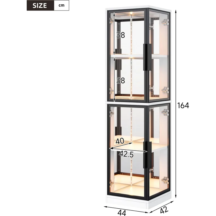 Vitrine mit Glas 44 × 42 × 164 cm, Spiegelrückwand, Eckvitrine mit doppelseitiger Glaspräsentation, LED-Beleuchtung mit Farbwechsel, Glasvitrine für Sammlerstücke, Bücher, Wein & Dekoration, Weiß--Weiß--44x42x164cm--YOUDENOVA – Bild 3