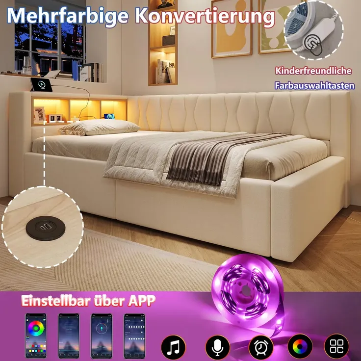 Schlafsofa mit LED-Streifen, Lattenrost, Regal, Rückenlehne, Aufbewahrung, Type-C und USB, 140x200 cm, Polsterbett, Stauraumbett, Tagesbett, Leinen – Bild 5
