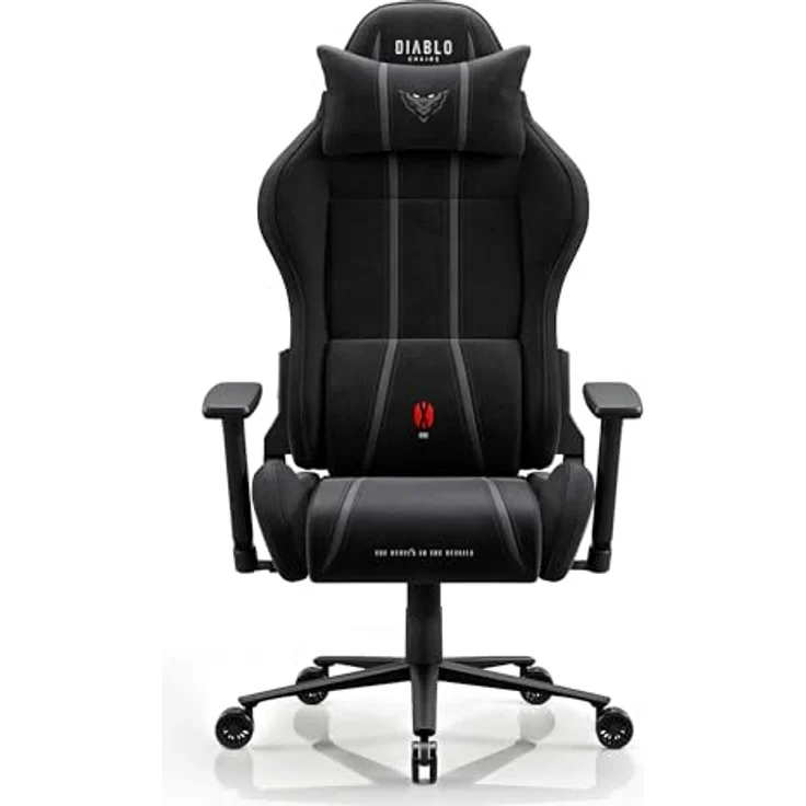 Diablo Gaming Stuhl ergonomisch groß bis 160 kg Stoff atmungsaktiv für große Menschen Drehstuhl mit Lendenstütze Memory Foam Kopfkissen 3D Armlehnen verstellbar bis 140 Grad Burned Black – Bild 3