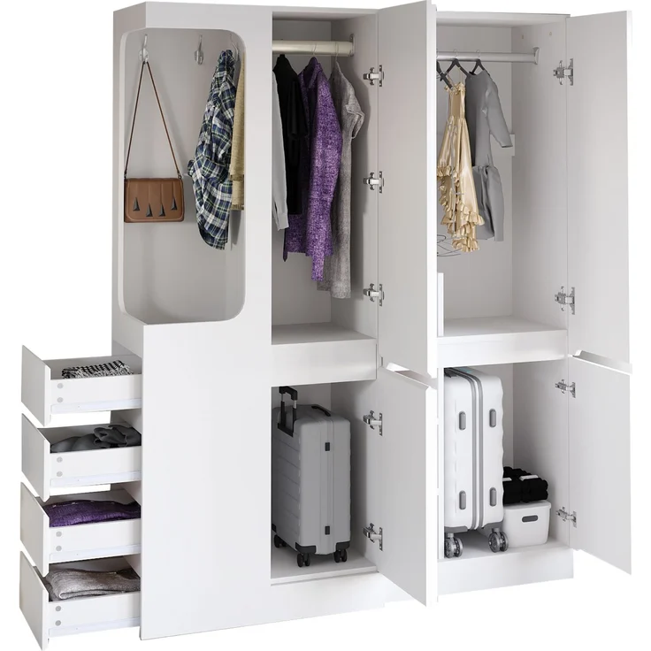 Kleiderschrank 140 x 40 x 170 cm in Weiß und Holzfarbe mit offenem Hängebereich und Schubladen – Bild 2