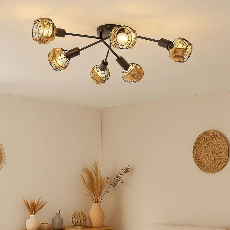 LED Deckenleuchte, schwarz, braun, dimmbar, Grasgeflecht, D 67 cm – Bild 4