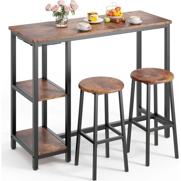 Blishom Bartisch Essgruppe mit 2 Barhockern, Küchentisch für Küche & Esszimmer, Das Weinregal ist zerlegbar, 120 x 40 x 90 cm