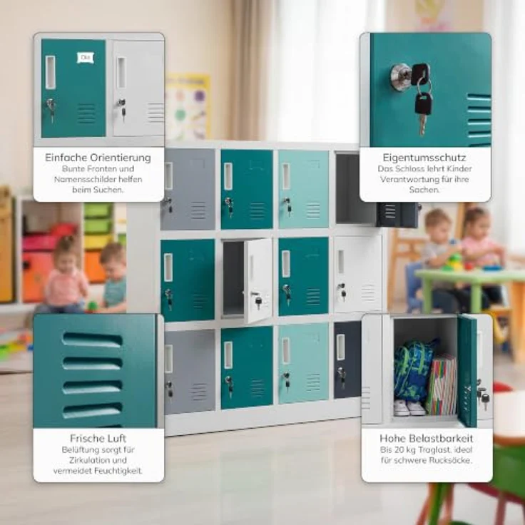 Jan Nowak Metallschrank Schule Kindergarten mit 12 abschließbaren Fächern, Schließfachschrank Stahl, Garderobenschrank Kinder, Kita Spind Hort, 120 x 109 x 45 cm – Bild 9