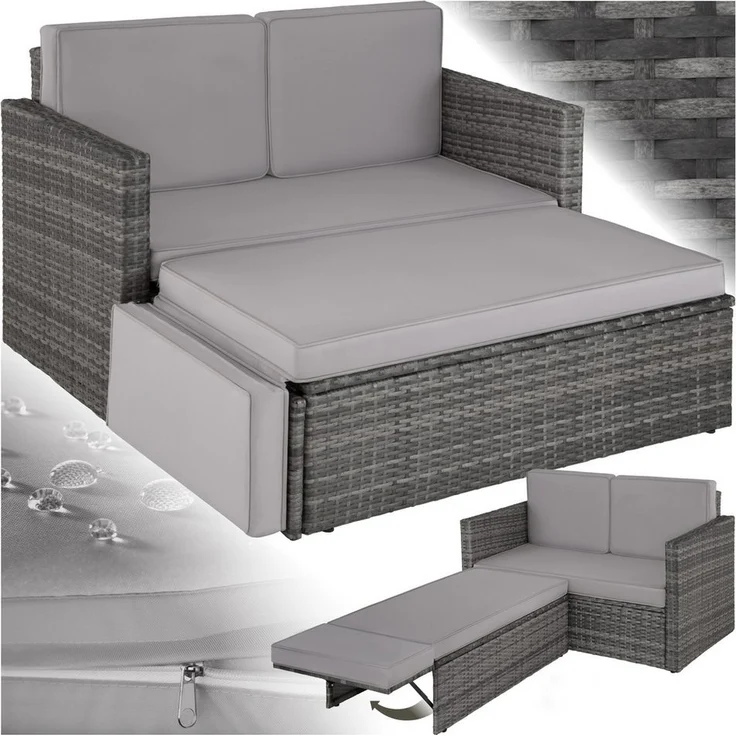 tectake Sofa Set - 2 Sitzer Sessel mit Hocker und Schlaffunktion, kleine Rattan Couch als Outdoor Gartenmöbel, wetterfest für Lounge, Balkon und Garten, klappbar mit Polstern – Bild 1