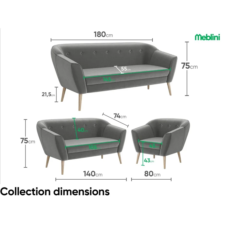 MEBLINI Mini Sofa Set 2-1-1 für Wohnzimmer - Mini Lounge für vier Personen - Küchensofa - Sofa Klein - Sitzgarnitur - Polstergarnitur - Sofagarnituren - DORIS - 2+1+1 - Hellgrau Samt – Bild 7