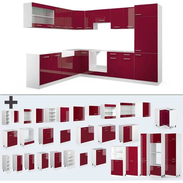 Eckküche R-Line Rot Hochglanz/Weiß 287 x 227 cm ohne Arbeitsplatte Vicco – Bild 5