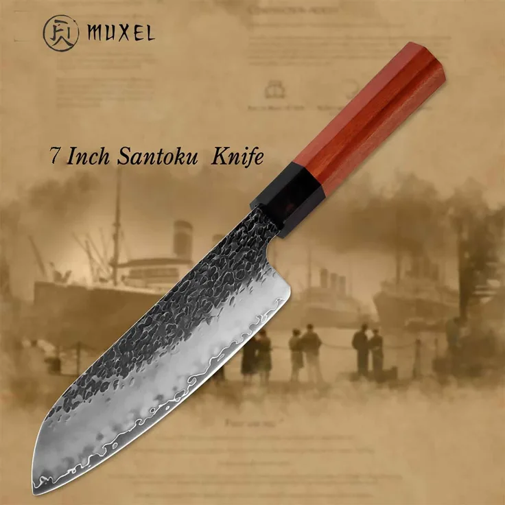 Extra scharfes Santokurmesser mit Octagonal Griff das Karbonstahl Universalmesser oder asiatisches Kochmesser für den Profi und Hobbykoch