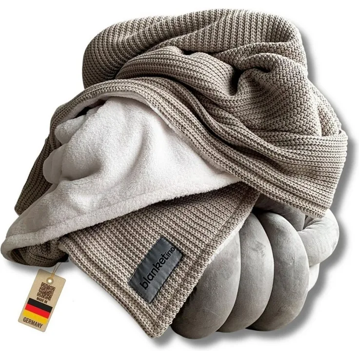 Wohndecke flauschige Kuscheldecke, wärmende Couchdecke im Strick Design, blanketino, Stilvolle Sofadecke, Überdecke in Champagner Farben
