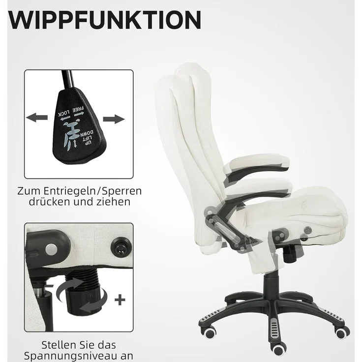 Vinsetto Schreibtischstuhl Bürostuhl mit Vibrationsmassage, Heiz-, Liegefunktion (Massagesessel, 1 St), für Wohnbereich, Weiß – Bild 6