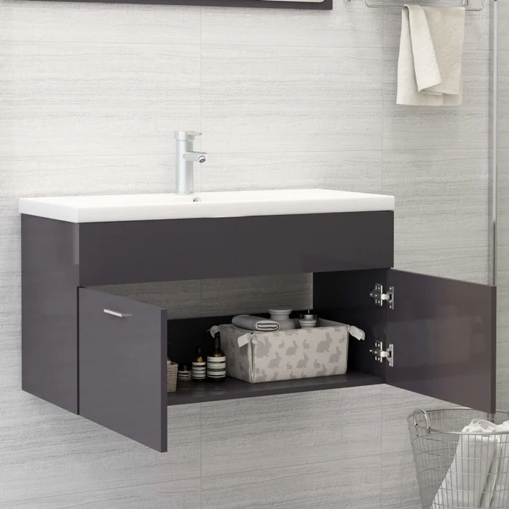 Waschbeckenunterschrank, Badschrank Hochglanz-Grau 90 x 38,5 x 46 cm de7665 – Bild 3
