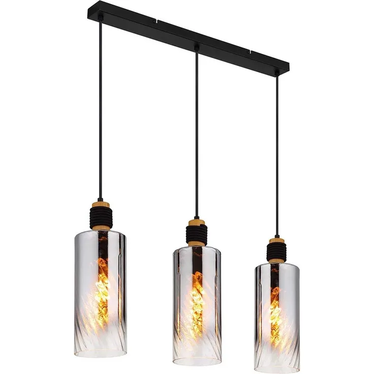 Pendelleuchte, schwarz, Holz braun, Glas rauchfarben, H150cm