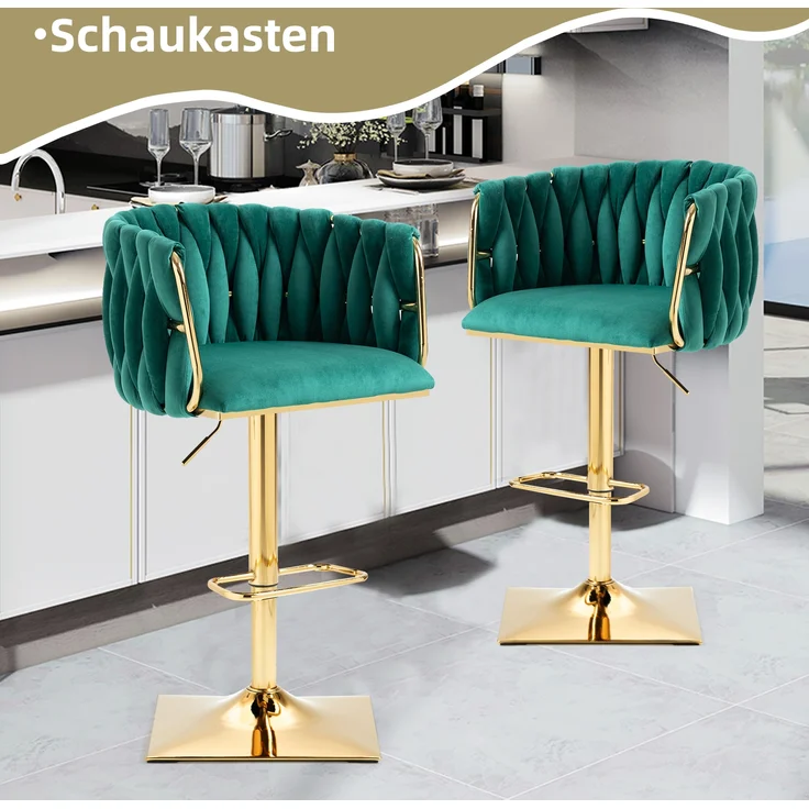 LVHOM Barhocker 2er Set, 360° drehbare moderne Samt-Barstühle, drehbare Küchenhocker, goldene Stuhlbeine – Bild 2