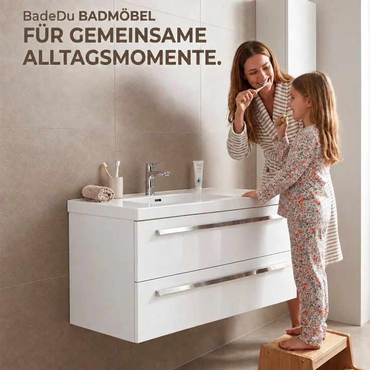 BADEDU TESSANO Waschbecken mit Unterschrank 90 cm breit, Weiß, Waschbecken Keramik Weiß – Bild 7