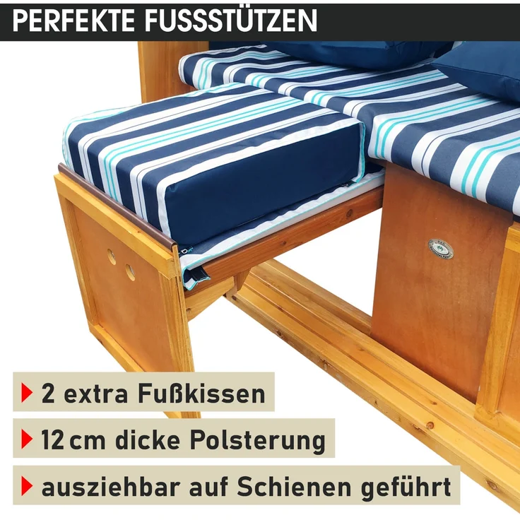 BRAST Strandkorb Usedom 3-Sitzer XXL für 2-3 Personen 165cm breit inkl. wetterfeste Abdeckhaube verstellbare Rückenlehne Fußkissen Hellblau - gestreift – Bild 9