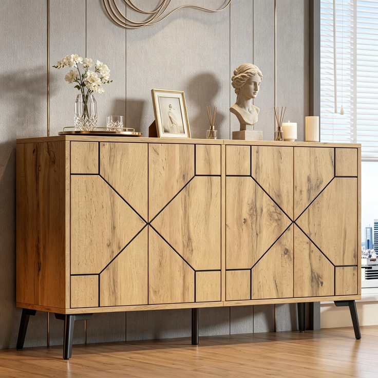Merax Sideboard mit Wellenmuster, 4 Türen mit Rückprallmechanismus, Aufbewahrungsschrank, Holzfarbe – Bild 2