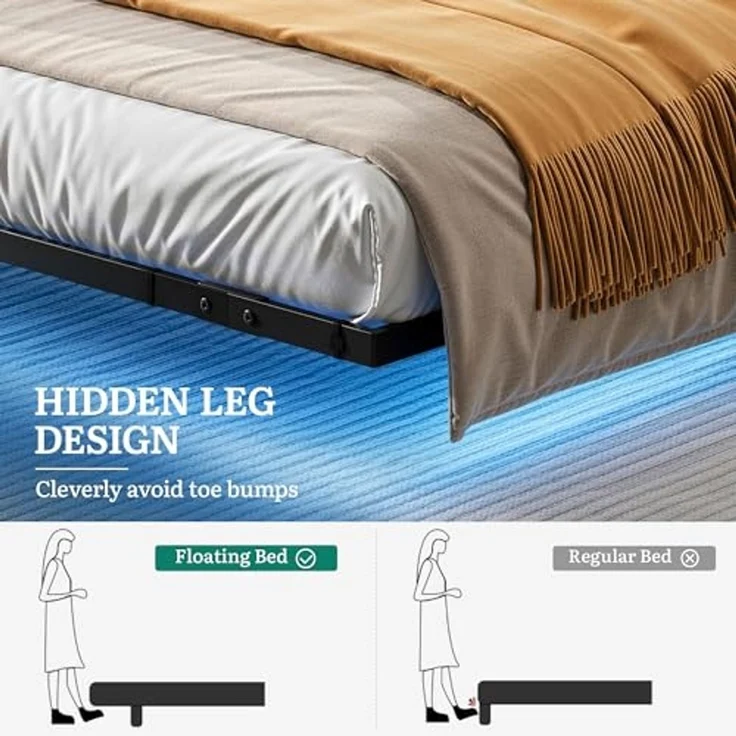 YITAHOME Bettgestell LED mit Kopfteil LED-Doppelbett 180x200CM mit schwebendem Design, Metallrahmen, Stoffbezug in Grau, inkl. USB-Ladestation und Beleuchtung, ohne Matratze – Bild 6