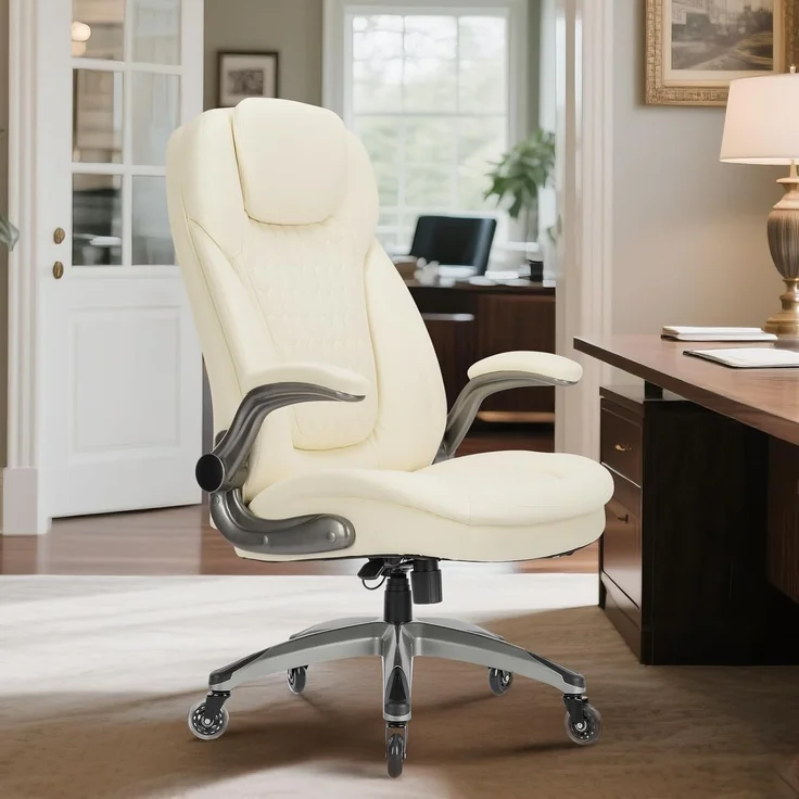 COLAMY Hochlehner Chefsessel aus Leder, Ergonomischer Bürostuhl mit Flip-up-Armlehnen & höhenverstellbar - Office Chair mit leisen Rollen für Homeoffice und Büro, Elfenbein – Bild 2