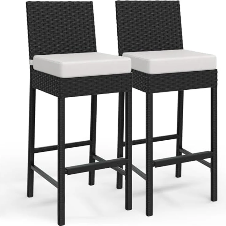 GarveeHome 2er Set Rattan-Hochstühle Mit Metallrahmen, Gepolsterte Outdoor-Barhocker Mit Rückenlehne Und Fußstütze, Wetterfester Stuhl, Für Terrasse Und Strand, 40,6 x 45 x 103,4 cm – Bild 3