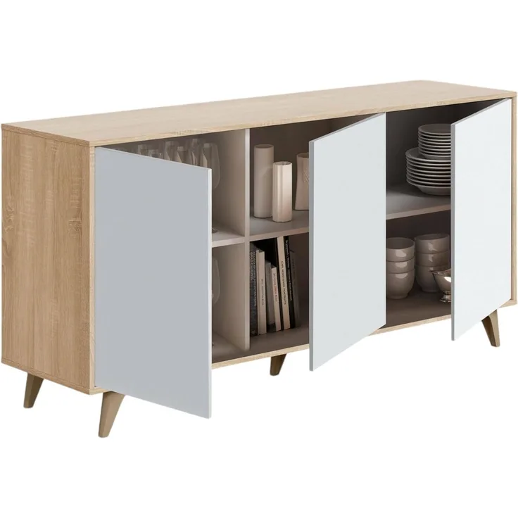 Dmora Modernes Sideboard mit 3 Türen und Regalen, Küchen-Sideboard, Wohnzimmer-Design-Buffet, 154x40h75 cm, Eiche und weiße Farbe