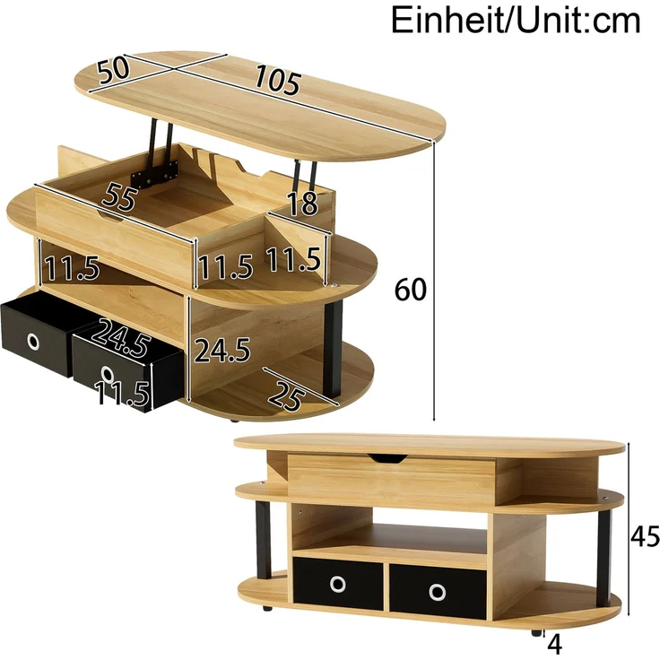Couchtisch mit Hebefunktion Holzmaserung Schwarz Multifunktion Arbeitstisch & Stauraum – Bild 10