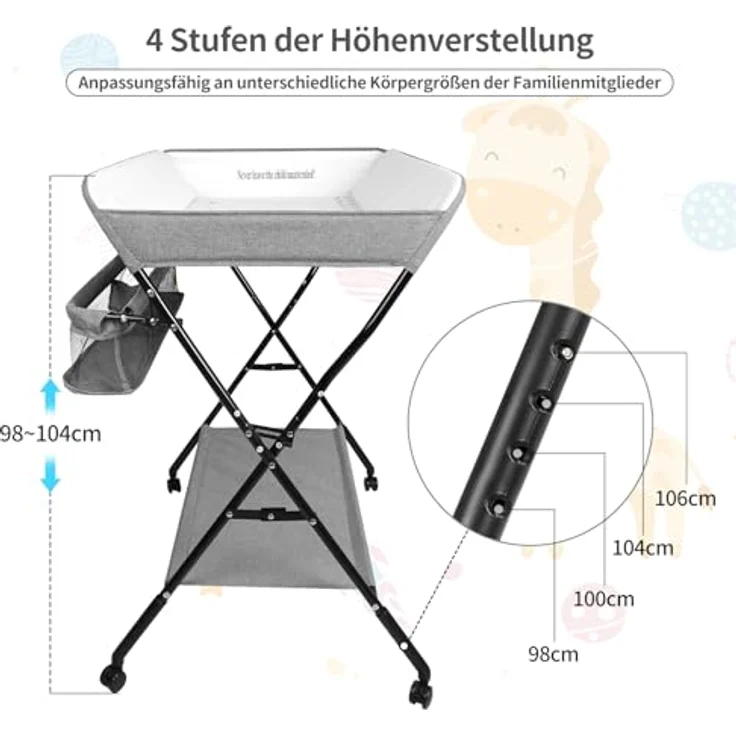 OHMG Baby Wickelkombi Klappbare Wickelkommode,Wickeltisch mit Rollen,Mobiler Wickeltisch mit Wickelauflage,Sicherheitsgurt und Ablagefächern,Wasserdicht und Höhenverstellbar,Stabil – Bild 5