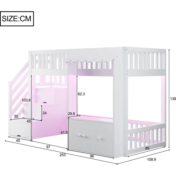 EINHOM Holz-Hochbett 90 x 200 cm mit Stauraumschrank und Stauraumtreppe, Massivholz + MDF, Mehrfarbiger LED-Lichtleiste, Traufendesign, Lattenrost, Einzelbett, Weiß (Ohne Matratze) – Bild 2