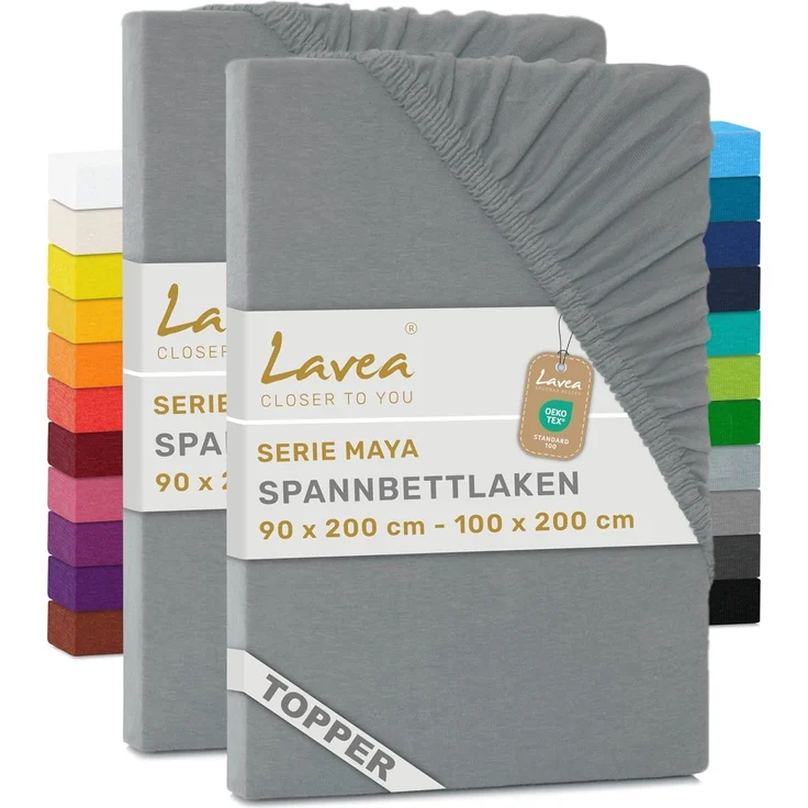 2er Set Lavea Topper Spannbettlaken - Spannbetttuch Jersey Topper Serie Maya, 90x200 cm | 100x200 cm, Mittelgrau, 100% Baumwolle, hochwertige Verarbeitung, mit Gummizug