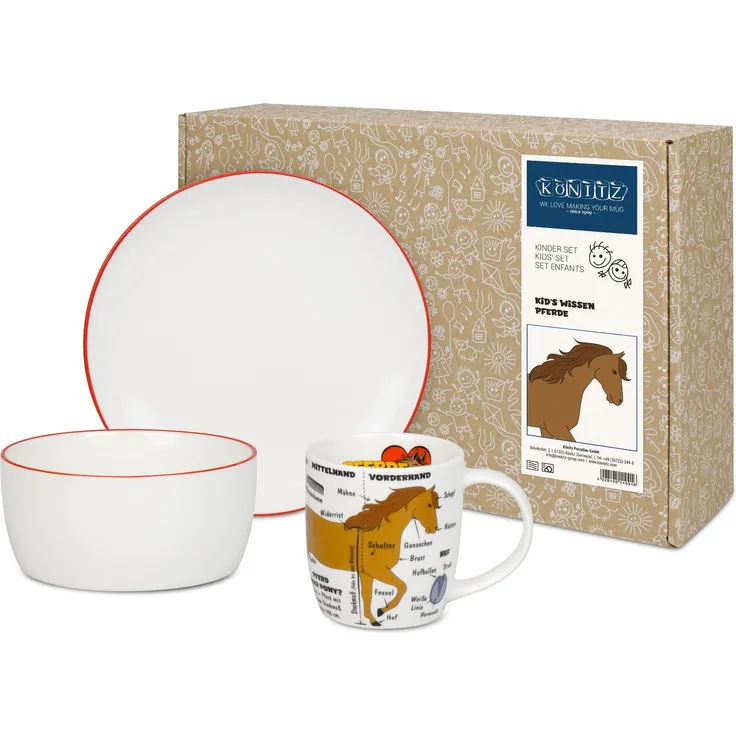 KÖNITZ 1150003027 Kid's Wissen Pferde Kinderset 3-tlg. im Geschenkkarton / Becher, Teller, Müslischale