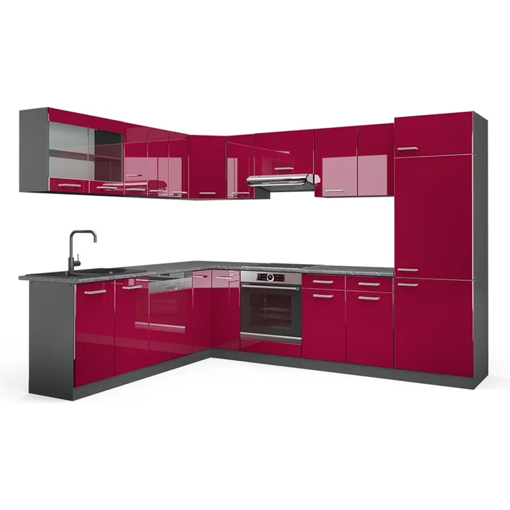 Eckküche R-Line Rot Hochglanz/Anthrazit 287 x 227 cm, AP Anthrazit Vicco – Bild 1