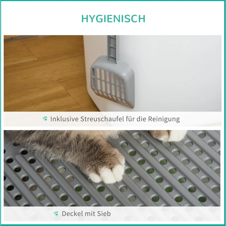 Katzentoilette 44 x 55 x 39 cm mit Deckel, oberem Ausgang und Schaufel – Weiß – Bild 4