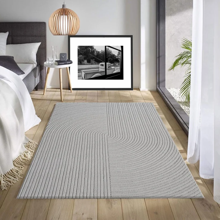 Vimoda Teppich Teppich Wohnzimmer Boho Design dünn kurzflur teppich, Rechteckig, Höhe: 6 mm, Hoch Tief Effekt 3D Teppich, in Creme, Grau &Taupe Läufer Schlafzimmer – Bild 8