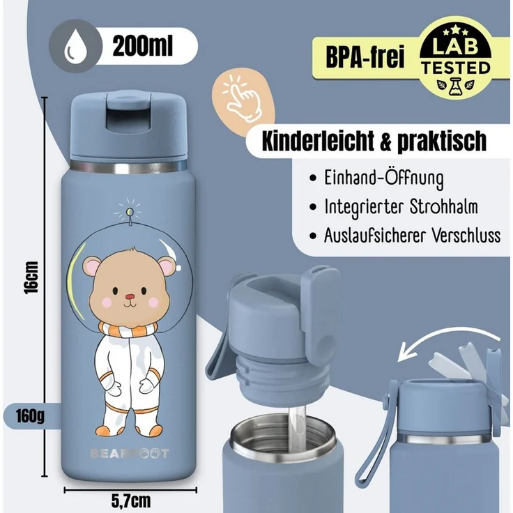 BEARFOOT Trinkflasche TINY Thermo Kinder Trinkflasche Edelstahl - Astro Bär blau, Thermosflasche, auslaufsicher, Edelstahl, Kinderflasche, BPA-frei – Bild 4