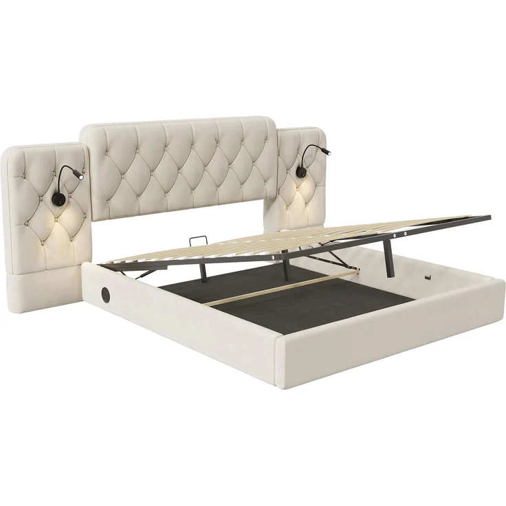 Polsterbett, Samt mit USB-Anschluss, Leselampen & Stauraum, 160x200 cm, Beige, ohne Matratze – Bild 9