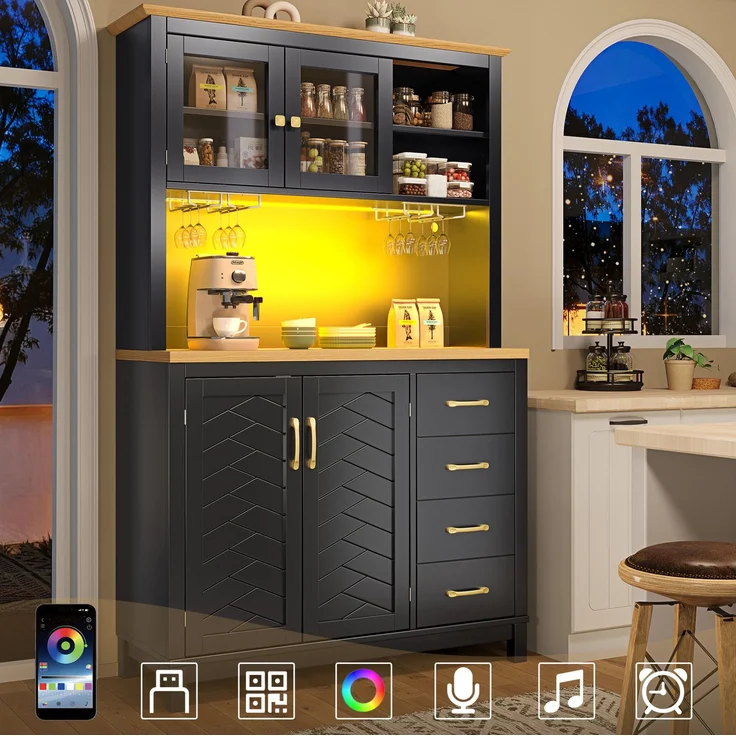 Buffetschrank aus MDF mit LED-Lichtleiste, 105,5x40x180 cm, Schwarz – Bild 4