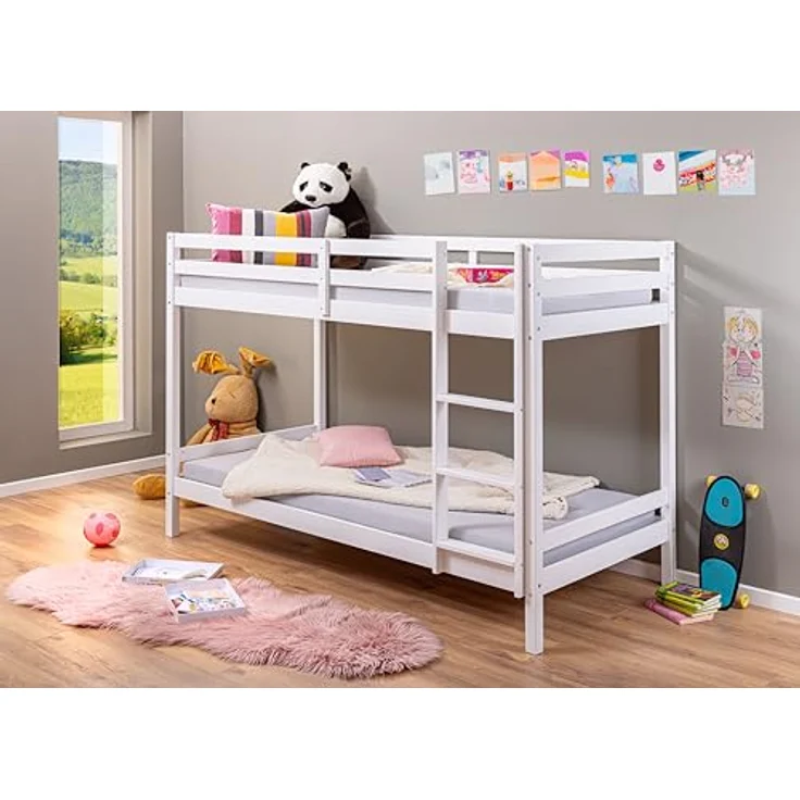 Inter Link – Etagenbett – Hochbett – Jugendbett -Stockbett – Kinderbett – Kiefer massivholz – Weiß – ohne Lattenrost – 90x200 cm - Small Cloud – Bild 2