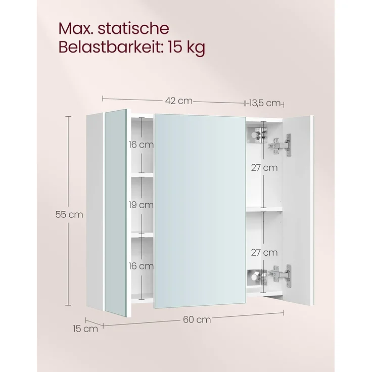 Vasagle Spiegelschrank, Badezimmerschrank, Aufbewahrungsschrank mit 3 Türen, fürs Badezimmer, 15 x 60 x 55 cm, mit verstellbaren Regalebenen, modern, weiß BBK22WT – Bild 3