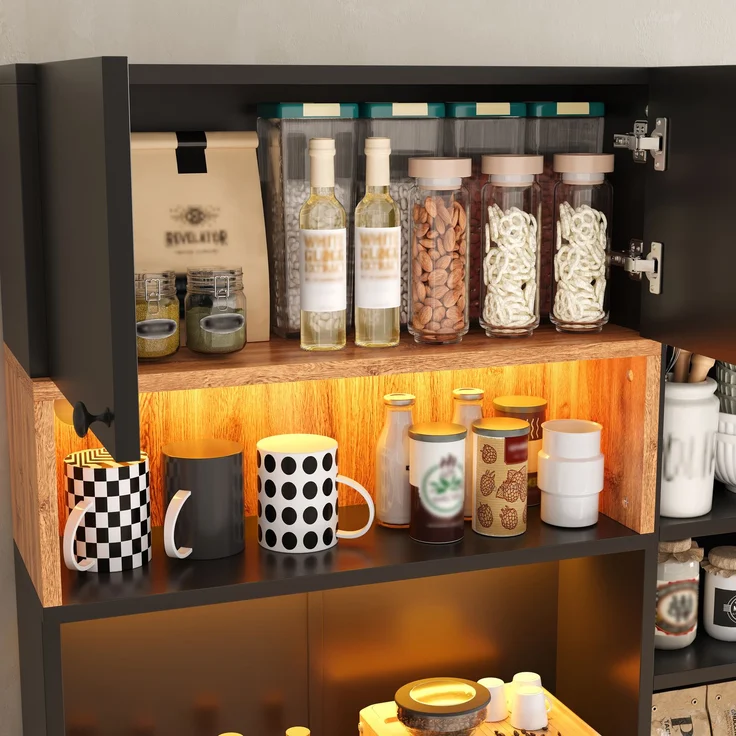 ZUBALIYA Buffetschrank 100x40x180 cm, mit LED-Beleuchtung, mit Steckdosen, mit 6 Türen, aus MDF, Natur – Bild 8