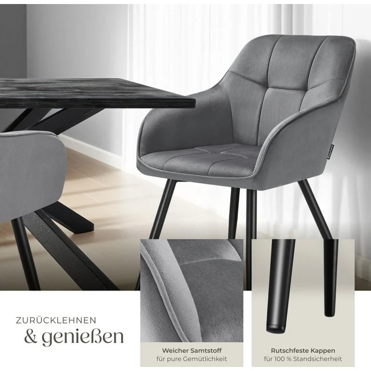 tectake Esszimmerstuhl Polstersessel gepolstert, in Samtoptik, gesteppt, 58 x 62 x 82 cm (Küchenstuhl Marilyn in grau/schwarz, 6 St), durchgehende Lehne, Stahlbeine, bodenschonend, Belastbarkeit 120 kg – Bild 4