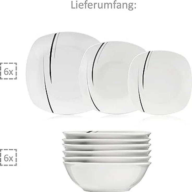 Sänger Bilgola Black Lines Kombiservice, Weiß, Porzellan, 25x4.5x25 cm, 24-teilig, Geschirr Set für Speisen und Getränke – Bild 7