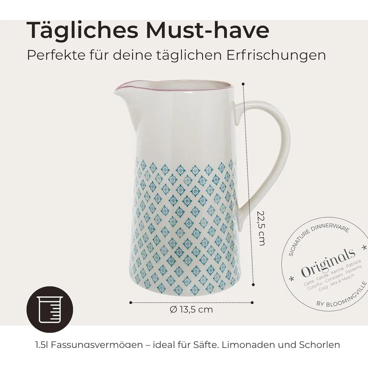 Bloomingville Wasserkrug Patrizia Jug, Blue, Stoneware, 2L Krug, Keramik Wasserkanne, Milchkrug, Saftkrug, dänisch Design, blau – Bild 2