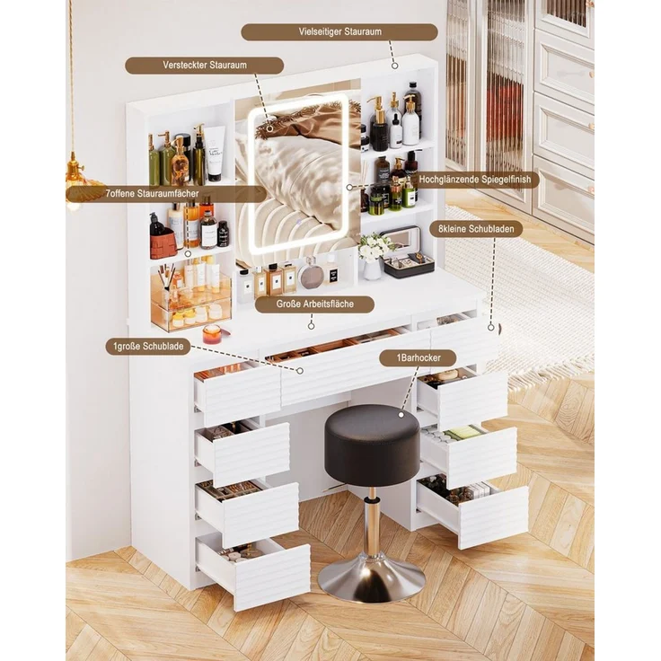 HOMALL Schminktisch LED-Schminkspiegel, schwarz-weißer Schminktisch und Hocker im Set (Kombination aus 9 Schubladen, 7 offenen Fächern und Stauraum hinter dem Spiegel, Maße: 108 x 40 x 146 cm, mit 2 Steckdosen, 1 USB-Anschluss und 1 Typ-C-Anschluss sow... – Bild 4