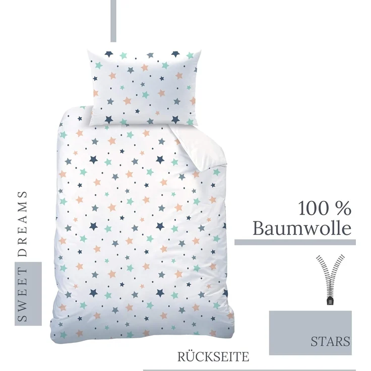 MTOnlinehandel Babybettwäsche Sweet Dreams 100x135 + 40x60 cm, 100 % Baumwolle, Biber, 2 teilig, Sterne & Wimpern süße Träume Kinderbettwäsche – Bild 3