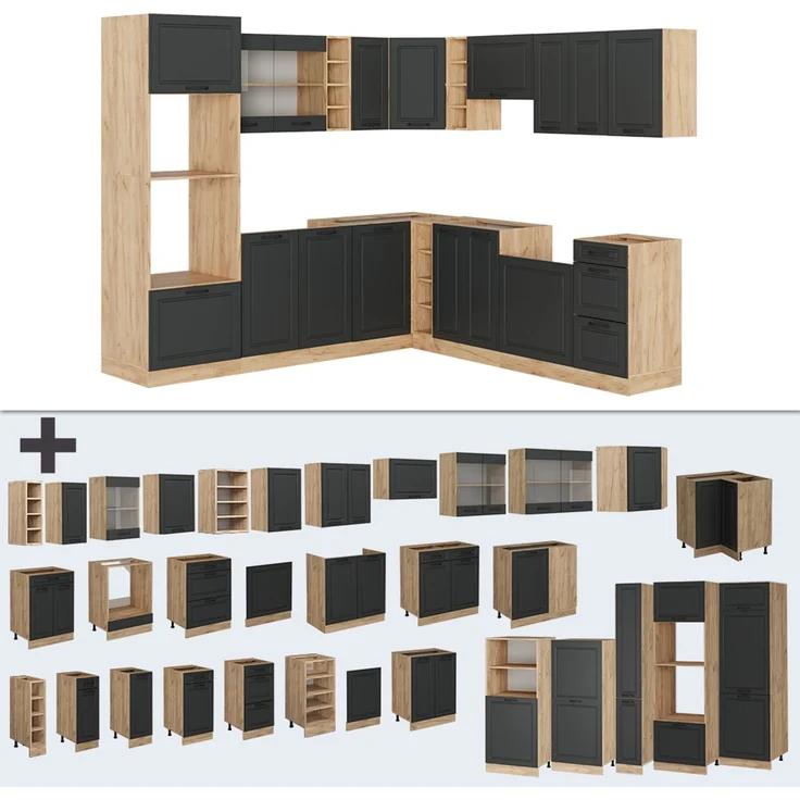 Eckküche R-Line Anthrazit Landhaus/Goldkraft Eiche 247 x 237 cm ohne Arbeitsplatte Vicco – Bild 5