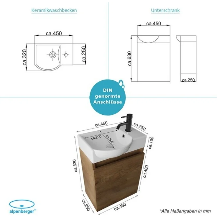 Alpenberger Badmöbel-Set Gäste WC Waschbecken mit Unterschrank - Hängeschrank Vormontiert, (Badschrank 2-tlg, Waschtisch hängend), Waschbeckenunterschrank mit Softclose - Farbe Eiche – Bild 4
