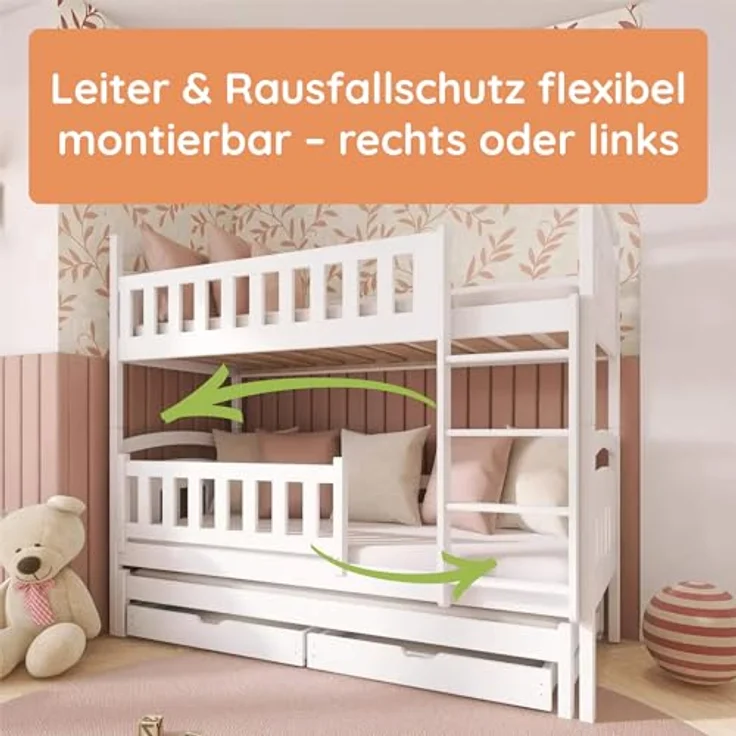 Kids Collective Hochbett mit Ausziehbett, zwei Schubladen, Lattenrost & Rausfallschutz, umbaubar in drei Einzelbetten, Kieferholz weiß, 90x200 cm – Bild 8