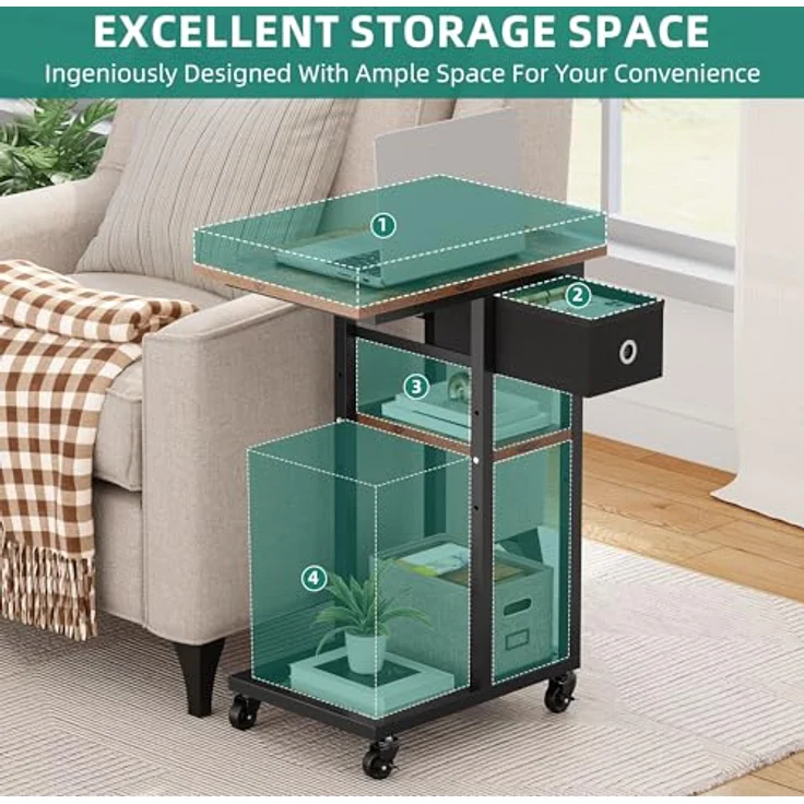 YITAHOME Beistelltisch, C-Form Sofatisch mit Rollen und Schublade，Wohnzimmertisch für Kaffee und Laptop，für Wohnzimmer, Schlafzimmer，50 x 30 x 67cm, Rustikales Braun – Bild 5