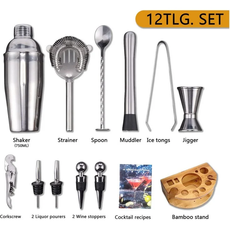 GLIESE Cocktail-Set Edelstahl Cocktail Shaker Set 12-teiliges mit Bar Zubehör, (12-tlg, Cocktail Shaker Setz), 750ml, mit Bambus-Ständer – Bild 2