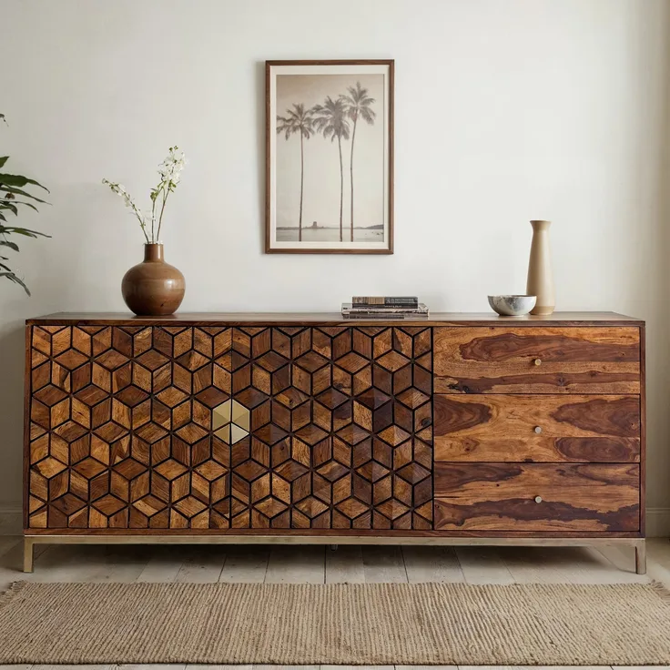 FineBuy Sideboard Sheesham Massivholz 180 cm 2 Türen & 3 Schubladen - Massive Retro Kommode mit Goldfarbenem Metall Gestell - Design Natur Anrichte - Handmade Industrial
